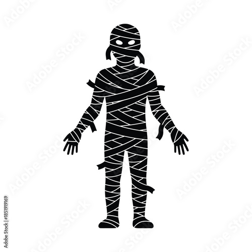 a simple black silhouette of a child dressed as a mummy for halloween completely wrapped in bandages high quality professional detailed modern