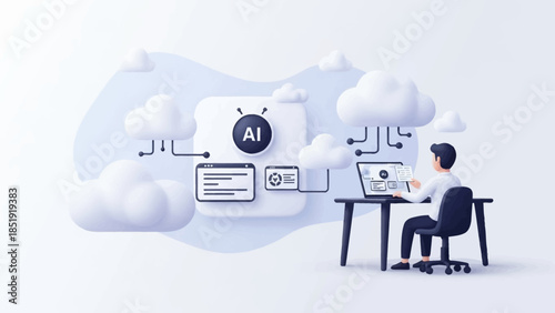 Professional man working with AI technology on laptop in modern office