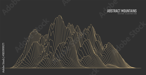 Contour mountain landscape. Waved line art. Abstract minimal topographic map. Contour lines with elevations and terrain depth. Vector illustration.