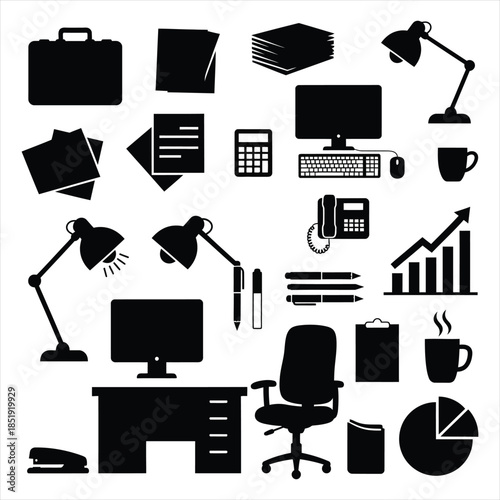 Office Workspace and Desk Equipment:


Office supply and workspace icons including computer, desk lamp, and stationery.