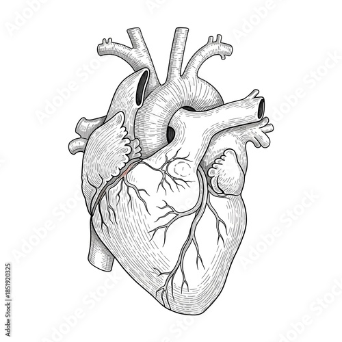 Detailed black and white hand-drawn illustration of human heart anatomy, realistic proportions and blood vessel structure, fine ink lines with soft shading, vintage medical engraving style, high clari