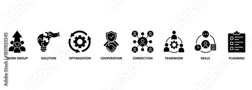 Business teamwork banner web icon vector illustration concept with icon of work group, solution, optimization, cooperation, connection, teamwork, skills, planning 