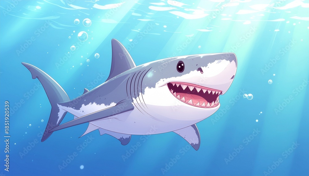 Fototapeta premium Cartoon shark swimming in the ocean with bubbles and sunlight rays underwater scene