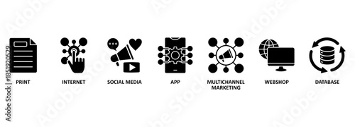 Cross-media banner web icon vector illustration concept with icon of print, internet, social media, app, multichannel marketing, webshop and database 