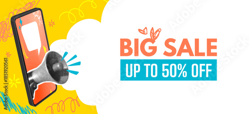 Big Sale Promotion Banner with Smartphone Megaphone, Pop Art Doodles and Cloud Shape. Modern E Commerce Advertising Template for Online Shopping and Marketing Campaigns. Vector Illustration