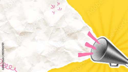 Megaphone Announcement Background with Copy Space, Paper Texture, Halftone Dots and Bright Yellow Pop Art Style for Marketing, Promotion and Message Design. Vector Illustration