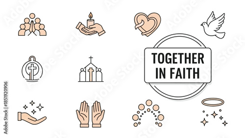 Diverse religious and spiritual symbols united by a message of togetherness and faith.
