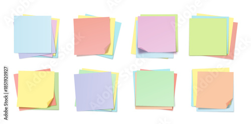Sticky Notes Stack Mockup Set with Colorful Soft Pastel Paper Layers and Folded Corners. Blank Memo Notes for To Do List Planning, Education Schedule, Office Creative Design Use. Vector Illustration