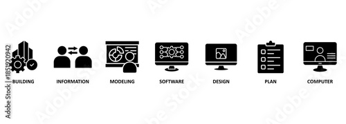 BIM banner web icon vector illustration concept for building information modeling with icon of building, information, modeling, software, design, plan, and computer 