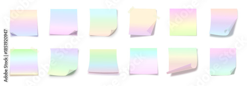 Pastel Gradient Sticky Notes Set with Soft Rainbow Colors, Realistic Paper Sheets and Curled Corners for Reminder, Memo, Planning Creative Design Pages Mockup. Front View. Vector Illustration
