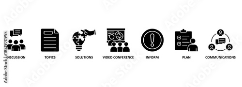 Meeting banner web icon vector illustration for business meeting and discussion with communications, topics, solutions, plan, inform and video conference icon 