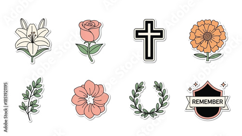 Collection of memorial icons including flowers, cross, and laurel wreath for remembrance