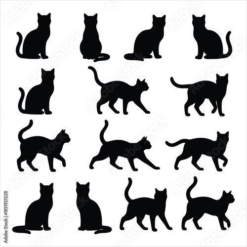 Domestic cat silhouettes set in various poses like sitting, walking, and jumping