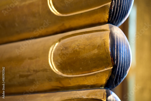 Bangkok, Thailand - 21st December 2025: Detail of feet of Reclining Buddah at Temple of the Reclining Buddha