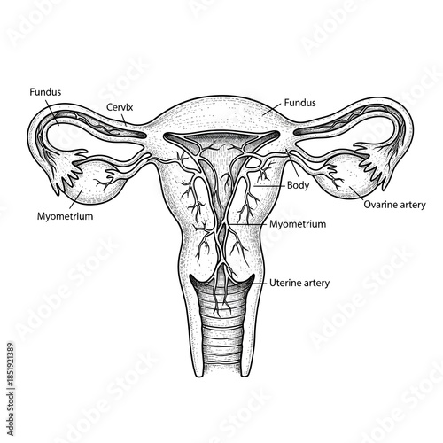 Detailed black and white hand drawn illustration of human uterus anatomy, realistic proportions and blood vessel structure, fine ink lines with soft shading, vintage medical engraving style, high clar
