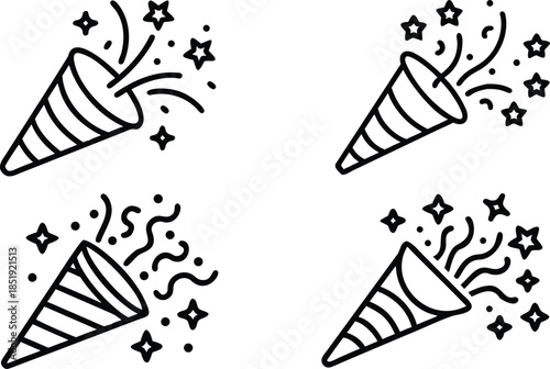 Party Popper Line Icon Set For Festival Decoration Graphics On Transparent Background