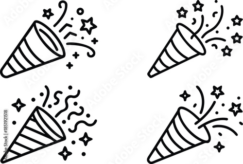 Set Of Party Popper Line Art Icon For Celebration Event Design