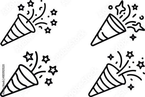 Simple Party Popper Outline Symbol Set For Celebration Graphics on Transparent Background
