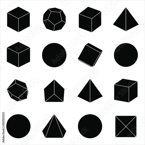 Abstract 3D geometric shapes and polyhedral icons collection.