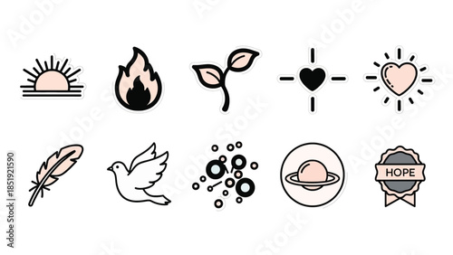 Collection of positive icons symbolizing hope, growth, and peace