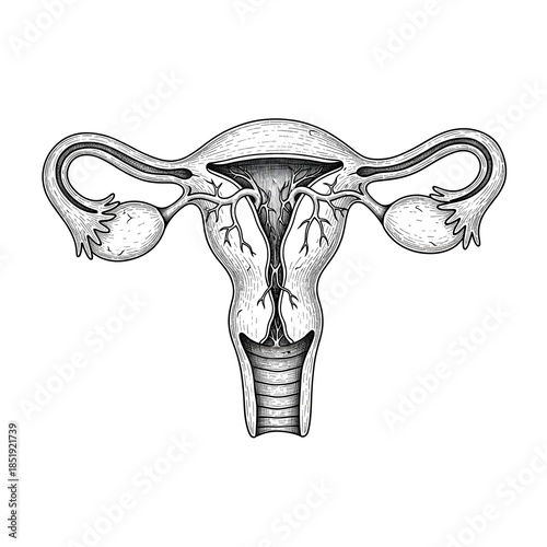 Intricate black and white illustration of human uterus anatomy, hand drawn with fine ink lines, realistic vascular structure and proportions, soft grayscale shading, vintage medical engraving look, hi