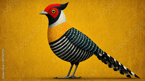Stylized illustration of a colorful bird with striped wings on a golden background.