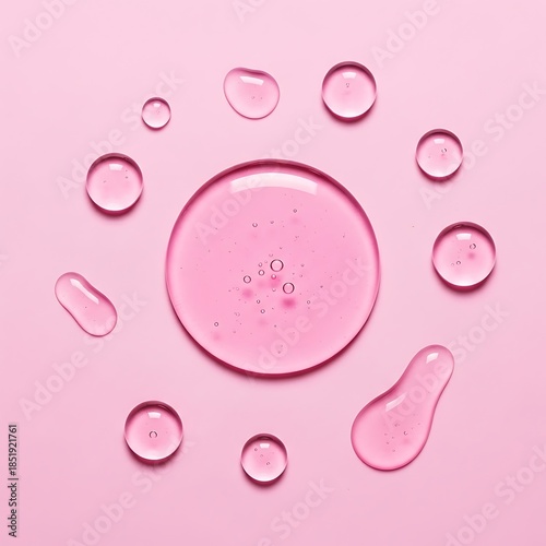 Pink liquid drops and blobs on pink background water