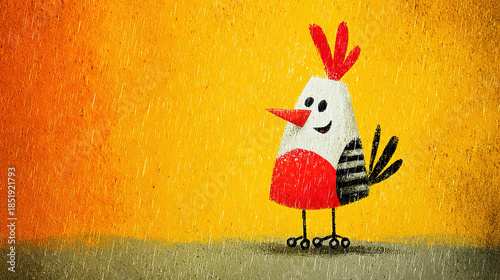 Cartoon chicken with a red comb and beak, smiling on a colorful background.
