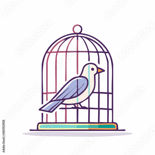 Bird inside cage, a symbol of captivity and confinement, illustration.