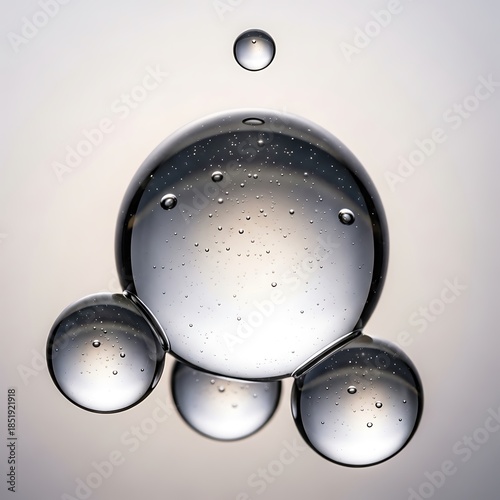 Water bubbles forming a cluster with a single drop above