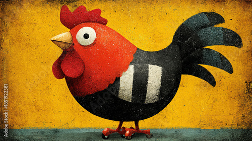 stylized chicken with skateboard on a yellow background