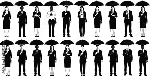 Business people silhouettes holding umbrellas standing together isolated on white background representing protection, insurance, corporate safety, and professional risk management concepts