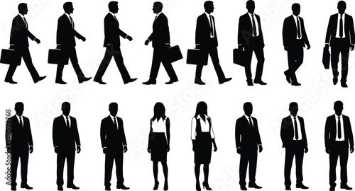 Business people silhouettes walking and standing in formal suits, professional corporate men and women poses collection isolated on white background