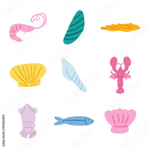 Hand-drawn seafood and marine life icon set. Vector illustration of shrimp, fish, lobster, squid, and seashells.