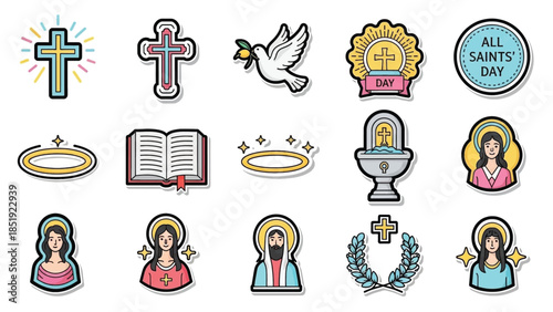 Collection of colorful religious icons and symbols for faith and spirituality