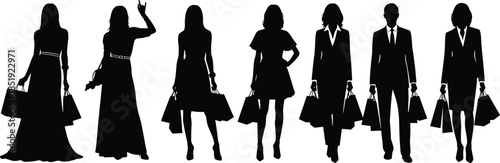 Elegant women silhouettes carrying shopping bags in fashion and business outfits isolated on white background for retail lifestyle design concepts