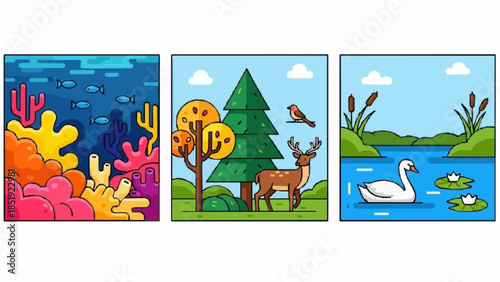 Vibrant vector illustrations depicting diverse natural beauty colorful underwater coral reefs, tranquil forest wildlife, and serene lakeside environments