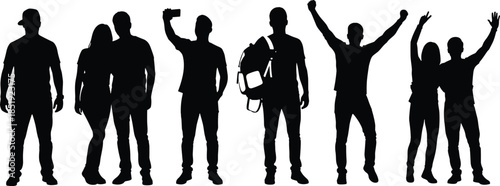 Group of friends silhouettes celebrating travel and adventure moments with backpacks and smartphones isolated on white background for lifestyle design concepts