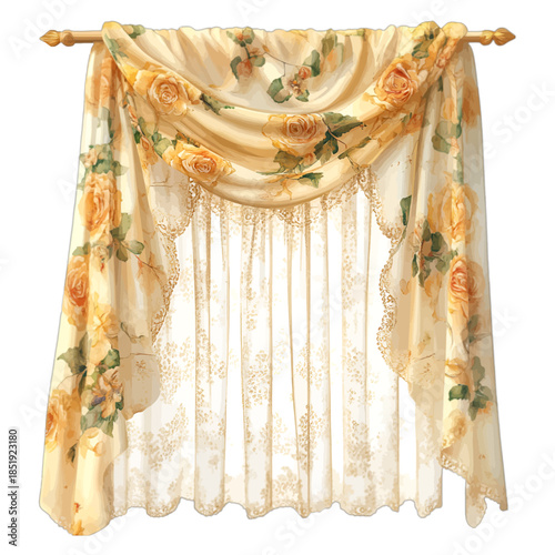 Vintage Floral Rose Draped Curtain Valance Vector Illustration

