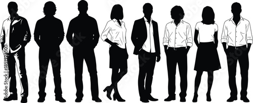 Group of professional business people silhouettes standing together isolated on white background representing modern corporate teamwork and diversity