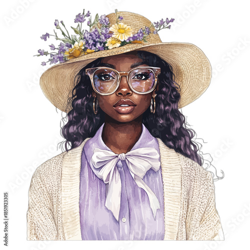 Beautiful African American Woman in Straw Hat and Glasses Vector Illustration
