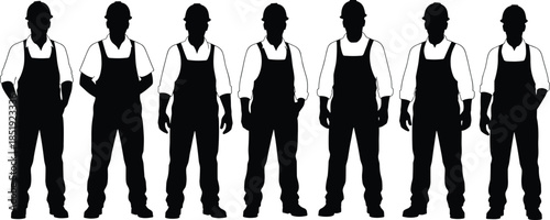 Industrial worker silhouettes wearing overalls and helmets standing together, construction and manufacturing labor team concept illustration isolated on white background