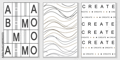 Set of three minimalist aesthetic posters with typography, wavy line art, and geometric patterns. Modern monochrome wall art design for home decor, covers, and creative prints