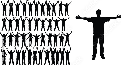 Large group of human silhouettes raising arms in celebration and unity isolated on white background symbolizing success teamwork and motivation