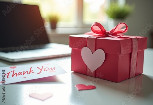 Valentine’s Day customer appreciation concept, gift box and thank you note on office desk, soft daylight