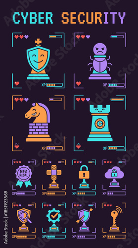 Cyber Security Pixel Art with Chess Pieces and Digital Icons on Dark Purple Background Minimalist Retro Game Style Graphic Illustration for Security