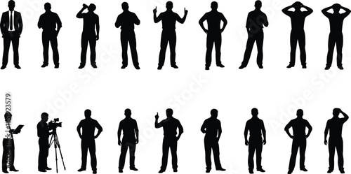 Male silhouettes set showing various actions and gestures, business and lifestyle men poses collection for communication and leadership concepts