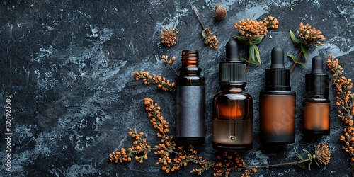 Essential oil bottles with flowers on a dark background