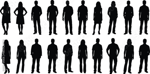Set of diverse male and female human silhouettes standing in neutral poses isolated on white background for design and illustration use