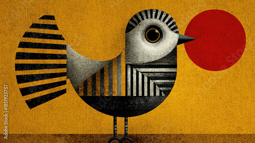 Abstract stylized bird with geometric patterns and a red circle background.